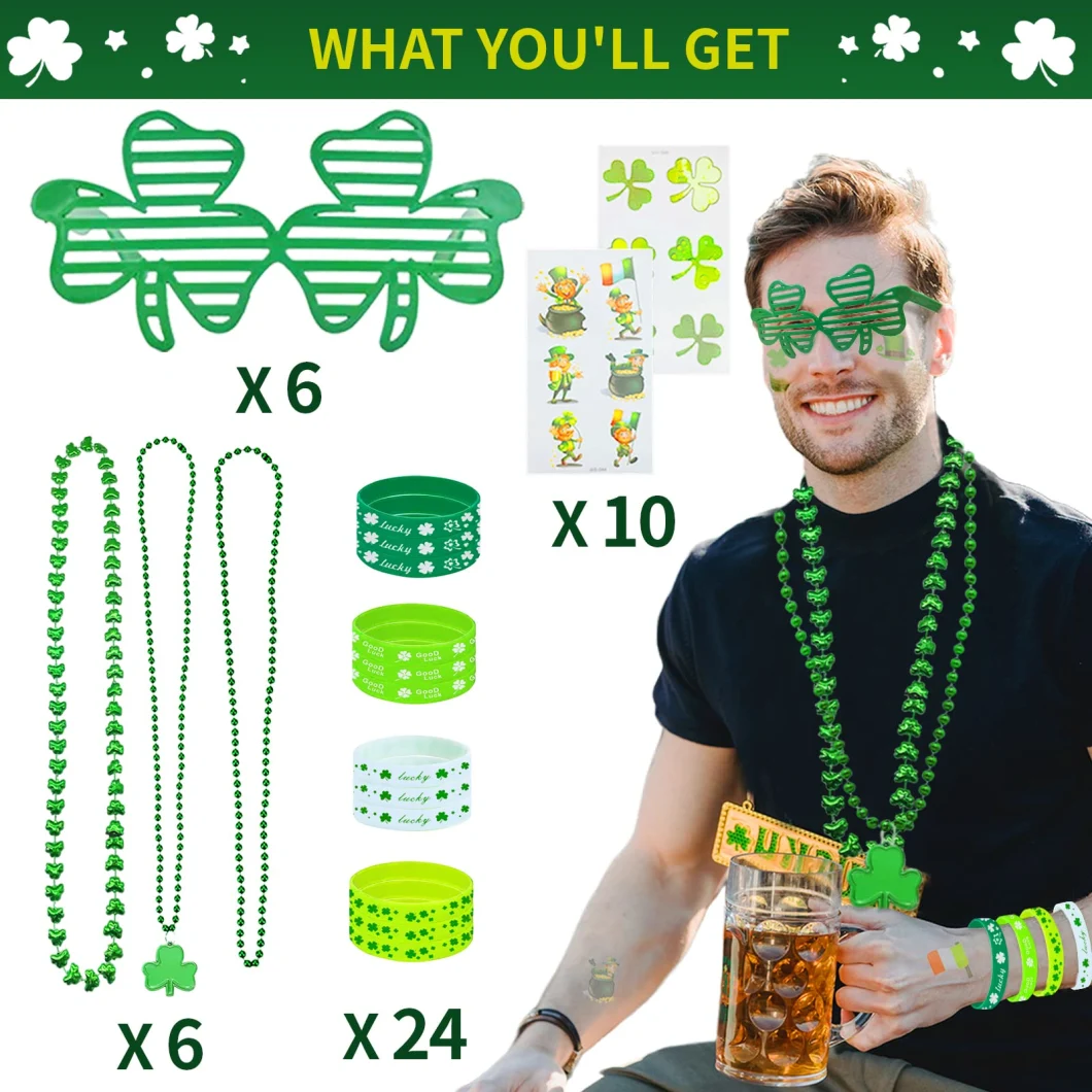 St. Patricks Day Party Favors Set Shamrock Glasses Necklaces Bracelets Tattoos St. Patrick′ S Day Accessories Decorations Supplies